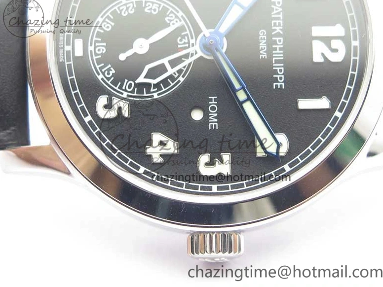 MIROTIME 0402 Stylish Calatrava 5524 Pilot Travel Time SS GRF Black Dial on Black Leather Strap A324 V 7108